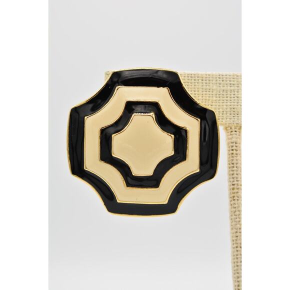 Fernando Vintage Clip Earrings Black White Enamel Gold Chunky FO Signed 80s Bin8 - Picture 6 of 12